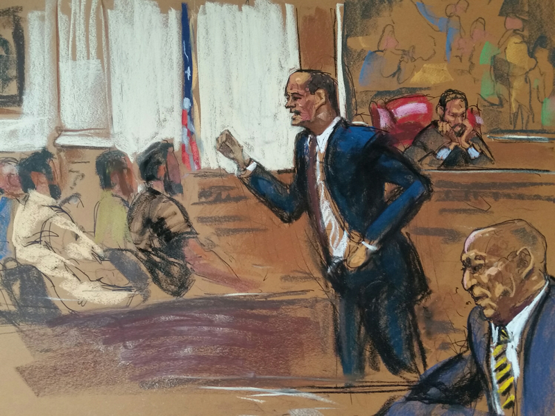 Defense attorney Brian McMonagle speaks to the jury while Cosby looks on. Courtroom sketch by Jane Rosenberg.